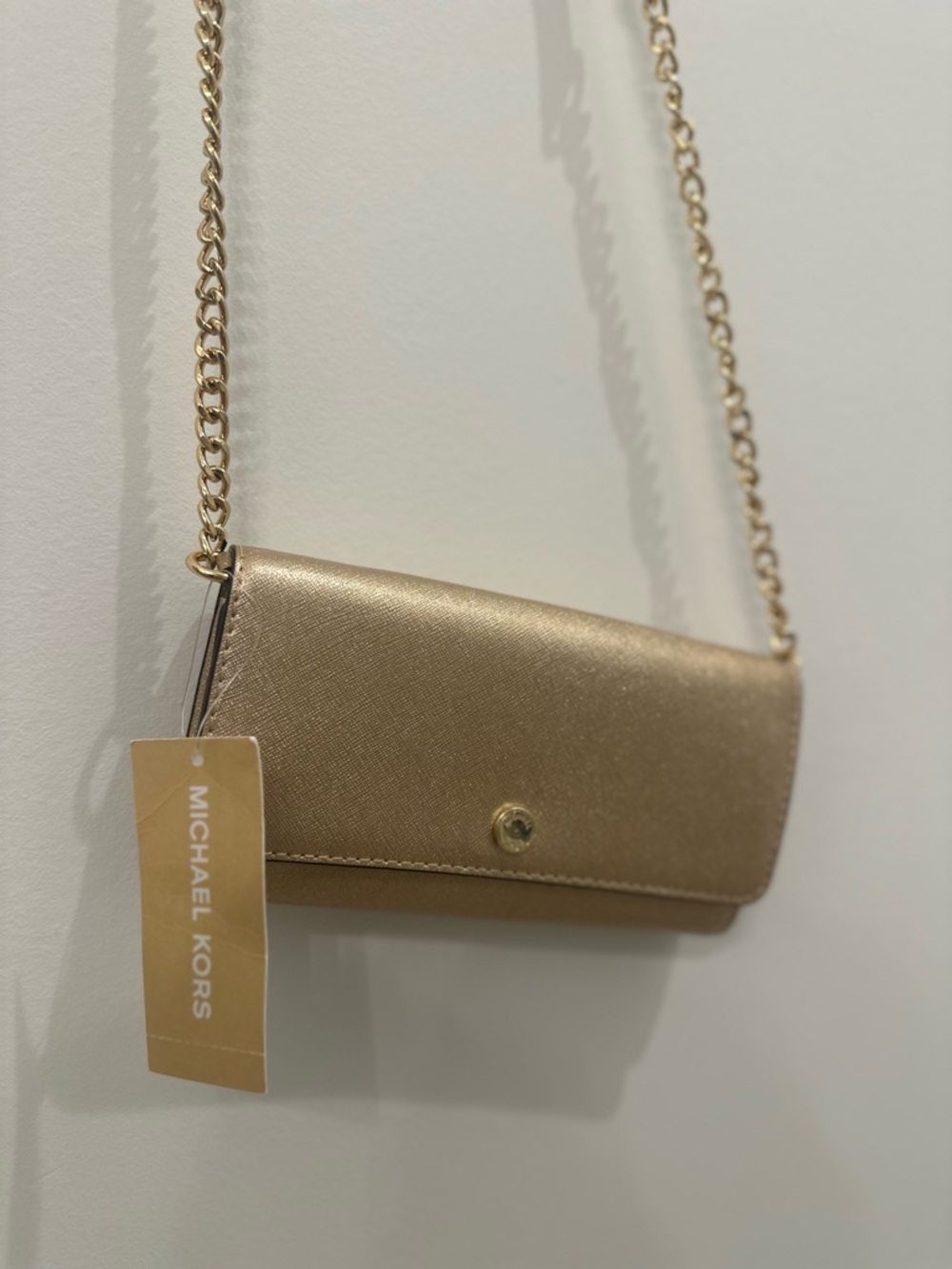 Michael Kors champagne Gold Metallic Leather Chain Wallet Crossbody